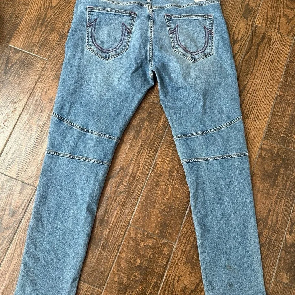 True Religion Rocco Relaxed Skinny Moto Jeans Mens 38 Blue Denim Ribbed Knee